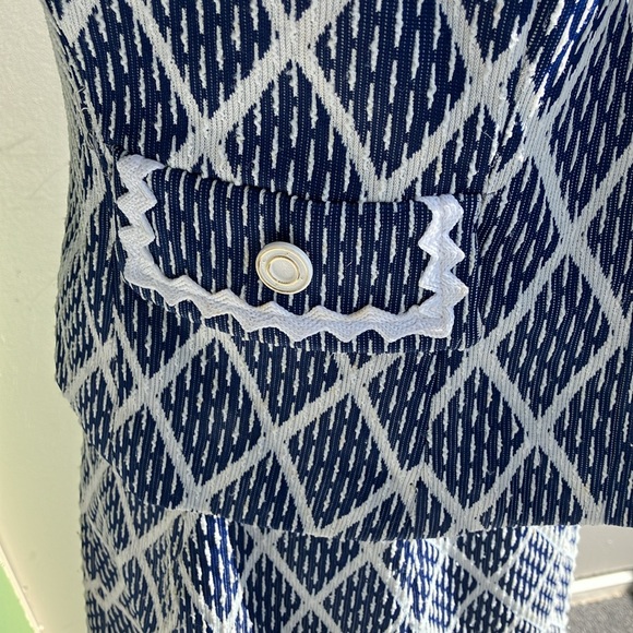 Vintage 60s 70s Navy and White Diamond Print Jacket and Dress Set - Picture 3 of 13